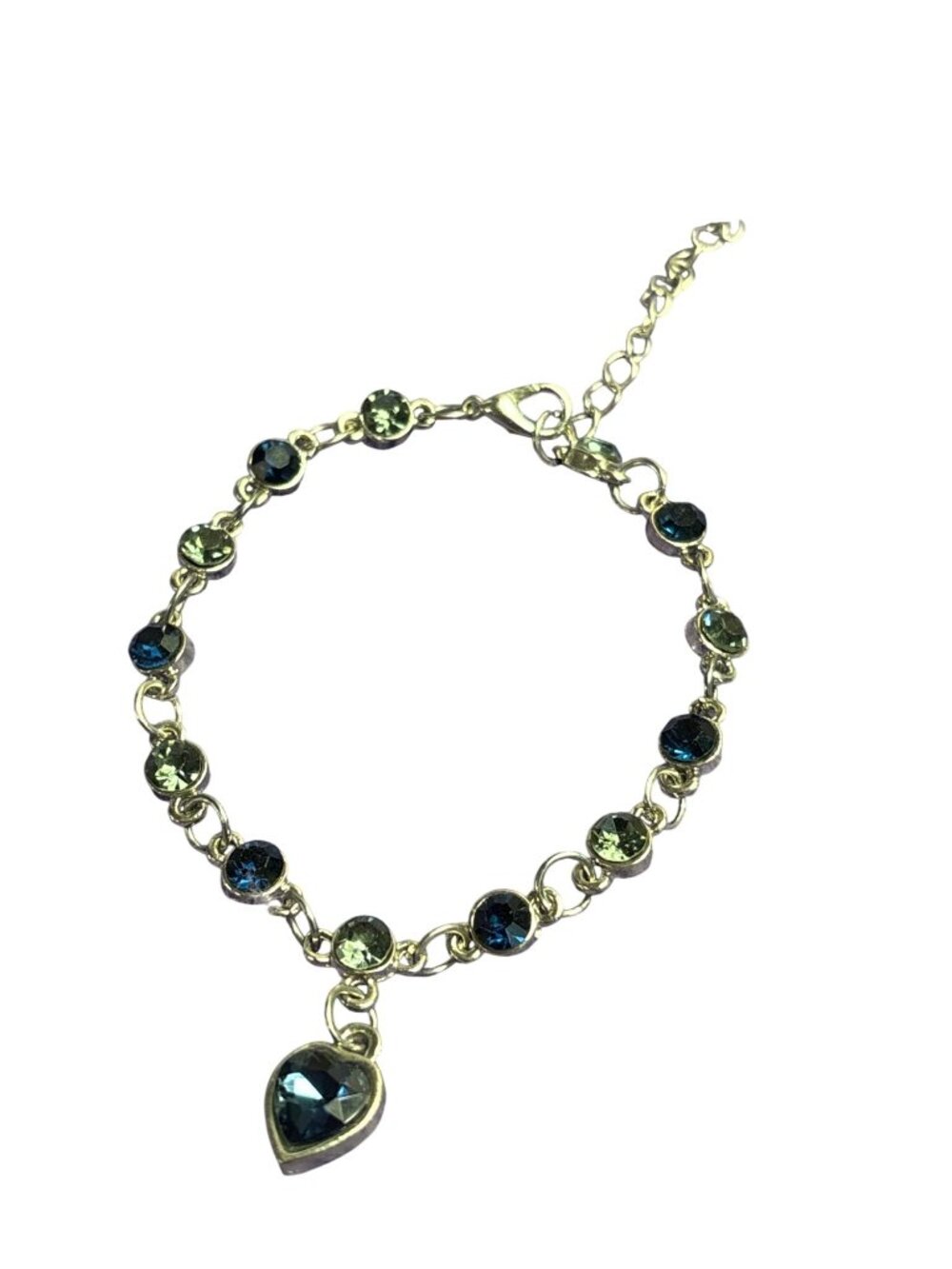 Silvertone 2 Tone Blue Rhinestone Bracelet Heart Dangle 7.25-9 inches Long